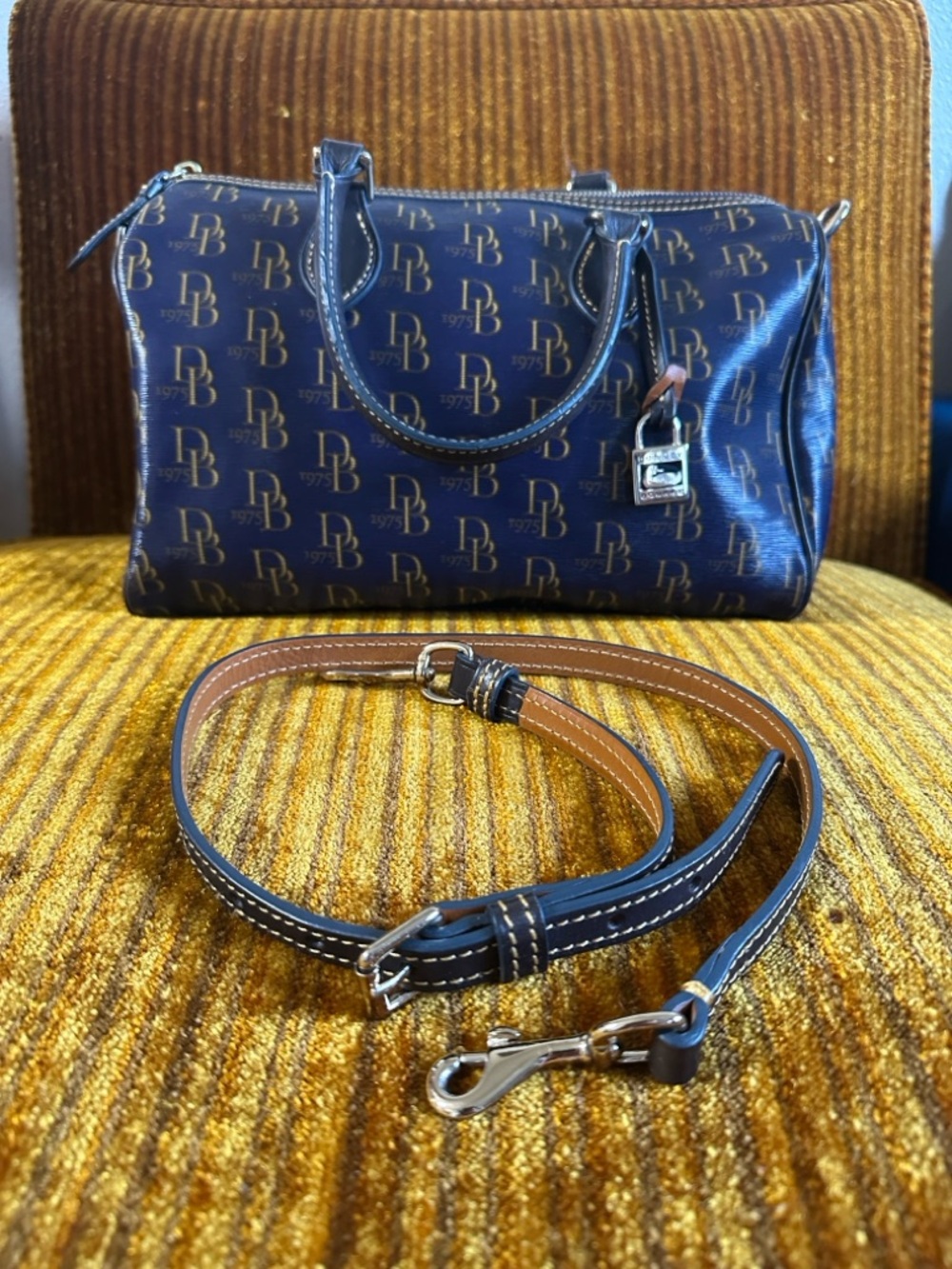 Dooney & Bourke Navy Logo Satchel with Brown Detachable Strap